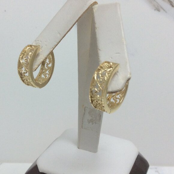 14K YELLOW REAL GOLD Hoop Huggies CLIP ON Filigree Earrings 4.10gr - Picture 1 of 7
